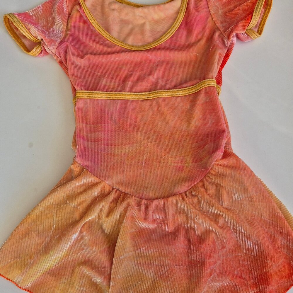 GK Elite Figure Skating Dress child Large Crushed Velvet corald orange tied dye